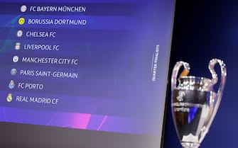 NYON, SWITZERLAND - MARCH 19: A view of the quarter-final teams displayed on the screen during the UEFA Champions League 2020/21 Quarter-finals and Semi-finals draw at the UEFA headquarters, The House of European Football on March 19, 2021 in Nyon, Switzerland. (Photo by Valentin Flauraud - UEFA)