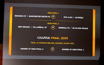 NYON, SWITZERLAND - MARCH 19: A view of the semi-final and final draw results as shown on the big screen following the UEFA Europa League 2020/21 Quarter-finals and Semi-finals draw at the UEFA headquarters, The House of European Football on March 19, 2021 in Nyon, Switzerland. (Photo by Valentin Flauraud - UEFA)