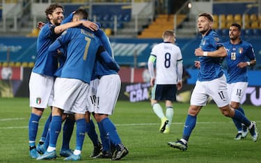 Italy's  Domenico Berardi jubilates with his teammates after scoring the goal during the FIFA World Cup Qatar 2022 qualification round one soccer match Italy vs  Northern Ireland at Ennio Tardini stadium in Parma, Italy, 25 March 2021. ANSA / ELISABETTA BARACCHI
