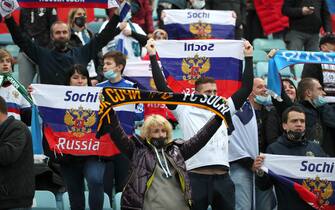 SOCHI, RUSSIA - MARCH 27, 2021: Russia's supporters before the 2022 FIFA World Cup Group H Round 2 qualifying match between Russia and Slovenia at Fisht Stadium. Dmitry Feoktistov/TASS (Photo by Dmitry Feoktistov\TASS via Getty Images)