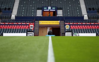 GLASGOW, SCOTLAND - MARCH 25: General view inside the stadium ahead of the FIFA World Cup 2022 Qatar qualifying match between Scotland and Austria on March 25, 2021 in Glasgow, Scotland. Sporting stadiums around the UK remain under strict restrictions due to the Coronavirus Pandemic as Government social distancing laws prohibit fans inside venues resulting in games being played behind closed doors. (Photo by Jan Kruger - UEFA/UEFA via Getty Images)