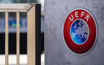 SWITZERLAND SOCCER UEFA EURO 2020 PANDEMIC CORONAVIRUS The UEFA logo is pictured at the entrance of the UEFA Headquarters, in Nyon, Switzerland, 17 March 2020. ansa/JEAN-CHRISTOPHE BOTT