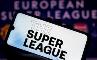 In this photo illustration, The Super League logo seen displayed on a smartphone screen. (Photo by Rafael Henrique / SOPA Images/Sipa USA)