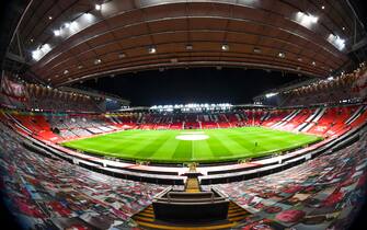 BRITAIN SOCCER ENGLISH PREMIER LEAGUE epa08914580 A picture taken with an fish-eye lens shows the Old Trafford stadium prior to the English Premier League soccer match between Manchester United and Aston Villa in Manchester, Britain, 01 January 2021. EPA/Laurence Griffiths / POOL EDITORIAL USE ONLY. No use with unauthorized audio, video, data, fixture lists, club/league logos or 'live' services. Online in-match use limited to 120 images, no video emulation. No use in betting, games or single club/league/player publications.