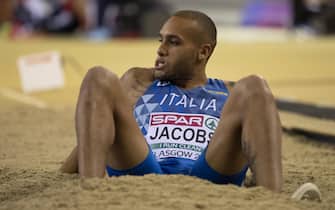 epa07406558 Lamont Marcell Jacobs of Italy competes in the men's long jump at the 35th European Athletics Indoor Championships, Glasgow, Britain, 01 March 2019.  EPA/VALDRIN XHEMAJ