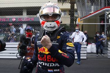 epa09222753 Dutch Formula One driver Max Verstappen of Red Bull Racing reacts after winning the Formula One Grand Prix of Monaco at the Circuit de Monaco in Monte Carlo on 23 May 2021.  EPA/Sebastien Nogier / POOL