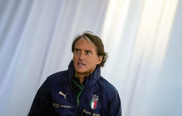 epa09101390 The head coach of Italy soccer national team, Roberto Mancini, during a press conferece in Sofia, Bulgaria, 27 March 2021. Italy will face Bulgaria in their FIFA World Cup 2022 qualifying round Group C soccer match on 28 March 2021 in Sofia.  EPA/VASSIL DONEV