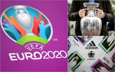Il logo di Euro 2020, il trofeo e il pallone ufficiale