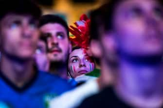 Italian National Team supporters watch the UEuro 2020 quarter-final match Belgium vs Italy on the giant screen set up in Popolo square, Rome, Italy, 02 July 2021.  ANSA/ANGELO CARCONI