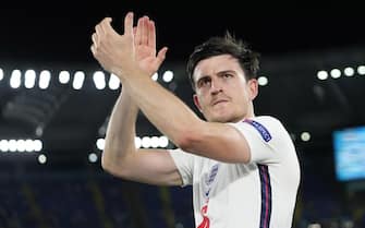 epa09321497 Harry Maguire of England celebrates after the UEFA EURO 2020 quarter final match between Ukraine and England in Rome, Italy, 03 July 2021.  EPA/Alessandra Tarantino / POOL (RESTRICTIONS: For editorial news reporting purposes only. Images must appear as still images and must not emulate match action video footage. Photographs published in online publications shall have an interval of at least 20 seconds between the posting.)
