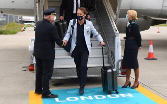 LONDON, ENGALND - JULY 10: Head coach Italy Roberto Mancini arrives at Luton Airport on July 10, 2021 in London, England. (Photo by Claudio Villa/Getty Images)