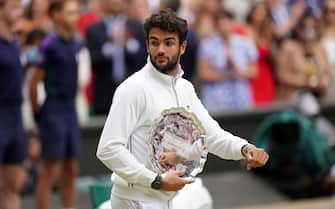 Matteo Berrettini with his runners up trophy after the Gentlemen's Singles final against Novak Djokovic on day thirteen of Wimbledon at The All England Lawn Tennis and Croquet Club, Wimbledon. Picture date: Sunday July 11, 2021. (Photo by Adam Davy/PA Images via Getty Images)