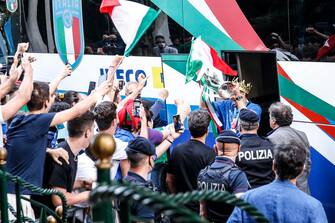 Captain of Italy Giorgio Chiellini carries the trophy after the UEFA EURO 2020 as he arrive in Rome, 12 July 2021. Italy won the game in penalty shoot-out. ANSA/FABIO FRUSTACI