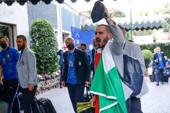 Leonardo Bonucci after the UEFA EURO 2020 as he arrive in Rome, 12 July 2021. Italy won the game in penalty shoot-out. ANSA/FABIO FRUSTACI