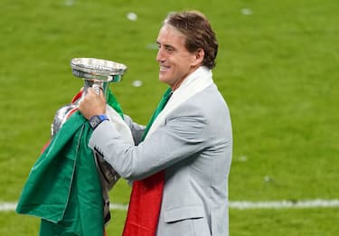 Italy manager Roberto Mancini with the The Henri Delaunay Cup following the UEFA Euro 2020 Final at Wembley Stadium, London. Picture date: Sunday July 11, 2021. (Photo by Mike Egerton/PA Images via Getty Images)