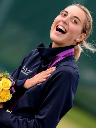 Jessica Rossi of Italy celebrates winning the gold medal in the Women's Trap Rifle final at the London 2012 Olympic Games Shooting competition at the Royal Artillery Barracks, south east London, Britain, 04 August 2012. 
ANSA/CLAUDIO ONORATI




