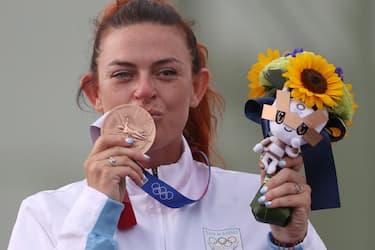 ASAKA, JAPAN - JULY 29: Bronze Medalist Alessandra Perilli of Team San Marino on the podium following the Trap Women's Finals on day six of the Tokyo 2020 Olympic Games at Asaka Shooting Range on July 29, 2021 in Asaka, Saitama, Japan. (Photo by Kevin C. Cox/Getty Images)