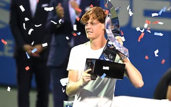 WASHINGTON, DC - AUGUST 08: Jannik Sinner of Italy celebrates winning the finals against Mackenzie McDonald of the United States on Day 9 during the Citi Open at Rock Creek Tennis Center on August 8, 2021 in Washington, DC. (Photo by Mitchell Layton/Getty Images)