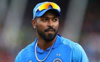 BIRMINGHAM, ENGLAND - JULY 02: Hardik Pandya of India during the Group Stage match of the ICC Cricket World Cup 2019 between Bangladesh and India at Edgbaston on July 02, 2019 in Birmingham, England. (Photo by Michael Steele/Getty Images)