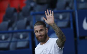 Paris Saint-Germain's Sergio Ramos enters the pitch during the French championship Ligue 1 football match between Paris Saint-Germain and RC Strasbourg on August 14, 2021 at Parc des Princes stadium in Paris, France - Photo Mehdi Taamallah / DPPI