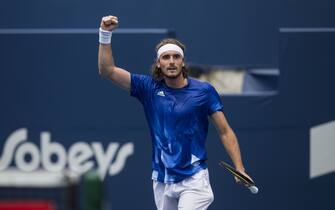 (210814) -- TORONTO, Aug. 14, 2021 (Xinhua) -- Stefanos Tsitsipas of Greece celebrates victory after the quarterfinals of men's singles match against Casper Ruud of Norway at the 2021 National Bank Open in Toronto, Canada, on Aug. 13, 2021. (Photo by Zou Zheng/Xinhua) - Zou Zheng -//CHINENOUVELLE_CHINE013954/2108141127/Credit:CHINE NOUVELLE/SIPA/2108141130