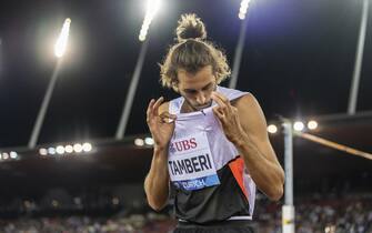 Gianmarco Tamberi of Italy reacts after winning the High Jump Men during the Weltklasse IAAF Diamond League international athletics meeting at the Letzigrund stadium in Zurich, Switzerland, 09 September 2021.  ANSA/ENNIO LEANZA