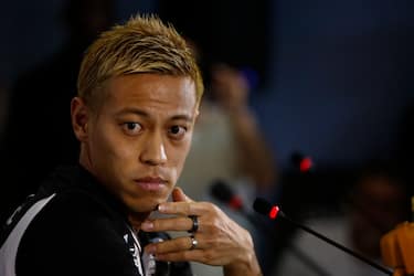RIO DE JANEIRO, BRAZIL - FEBRUARY 08: Japanese player Keisuke Honda speaks during a press conference as part of the new player of the Brazilian team Botafogo at Engenhao Stadium on February 8, 2020 in Rio de Janeiro, Brazil. (Photo by Wagner Meier/Getty Images)