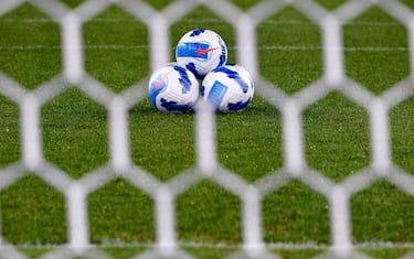 OLIMPICO STADIUM, ROMA, ITALY - 2021/09/23: A group of Nike official balls are seen on the pitch through the goal prior to the Serie A football match between AS Roma and Udinese calcio. AS Roma won 1-0 over Udinese Calcio. (Photo by Andrea Staccioli/Insidefoto/LightRocket via Getty Images)