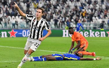 Juventus’ Federico Chiesa jubilates after scoring the goal (1-0) during the of the Uefa Champions League soccer match Juventus FC vs Chelsea FC at Allianz Stadium in Turin, Italy, 29 september 2021 ANSA/ALESSANDRO DI MARCO