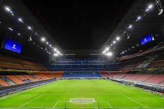 STADIO GIUSEPPE MEAZZA, MILAN, ITALY - 2020/12/09: General view shows stadio Giuseppe Meazza, also known as San Siro, at the end of the UEFA Champions League Group B football match between FC Internazionale and FC Shakhtar Donetsk. The match ended 0-0 tie. (Photo by NicolÃ² Campo/LightRocket via Getty Images)