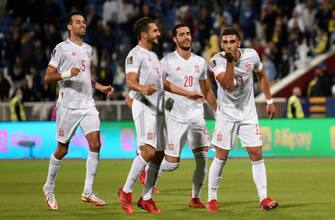 Spain's Ferran Torres (R) celebrates after scoring a goal during the World Cup 2022  qualifying football match between Kosovo and Spain at Fadil Vokrri stadium in Pristina on September 8, 2021. (Photo by Armend NIMANI / AFP) (Photo by ARMEND NIMANI/AFP via Getty Images)