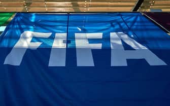 AUSTIN, TX - OCTOBER 07: A detail view of a FIFA logo is seen on a banner during a CONCACAF World Cup qualifying match between the United States and Jamaica on October 07, 2021 at Q2 Stadium in Austin, TX. (Photo by Robin Alam/Icon Sportswire via Getty Images)
