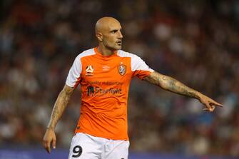 NEWCASTLE, AUSTRALIA - JANUARY 12:  Massimo Maccarone of the Roar during the round 16 A-League match between the Newcastle Jets and the Brisbane Roar at McDonald Jones Stadium on January 12, 2018 in Newcastle, Australia.  (Photo by Tony Feder/Getty Images)