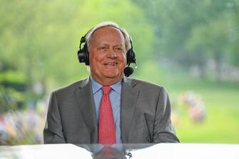 DUBLIN, OHIO - JUNE 05: Jack Nicklaus visits the CBS broadcast booth during the third round of the Memorial Tournament presented by Nationwide at Muirfield Village Golf Club on June 5, 2021 in Dublin, Ohio. (Photo by Chris Condon/PGA TOUR)