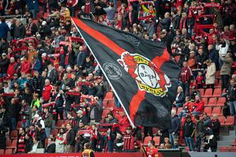 30 October 2021, North Rhine-Westphalia, Leverkusen: Football: Bundesliga, Bayer Leverkusen - VfL Wolfsburg, Matchday 10, at BayArena. Leverkusen's fans are waiting for the whistle. Photo: Federico Gambarini/dpa - IMPORTANT NOTE: In accordance with the regulations of the DFL Deutsche FuÃ ball Liga and/or the DFB Deutscher FuÃ ball-Bund, it is prohibited to use or have used photographs taken in the stadium and/or of the match in the form of sequence pictures and/or video-like photo series. (Photo by Federico Gambarini/picture alliance via Getty Images)