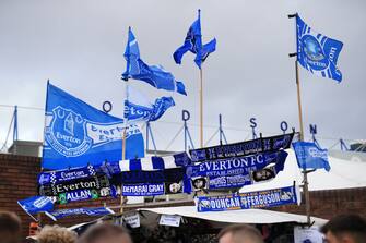 LIVERPOOL, ENGLAND - NOVEMBER 07: Souvenir flags and scarves for sale before the Premier League match between Everton and Tottenham Hotspur at Goodison Park on November 7, 2021 in Liverpool, England. (Photo by Simon Stacpoole/Offside/Offside via Getty Images)