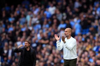 MANCHESTER, ENGLAND - AUGUST 21: Manchester City Manager Pep Guardiola during the Premier League match between Manchester City and Norwich City at Etihad Stadium on August 21, 2021 in Manchester, England. (Photo by Manchester City FC/Manchester City FC via Getty Images)