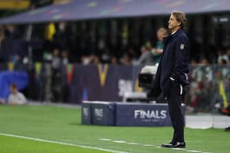 MILAN, ITALY - OCTOBER 06: Roberto Mancini Head coach of Italy reacts during the UEFA Nations League 2021 Semi-final match between Italy and Spain at Giuseppe Meazza Stadium on October 06, 2021 in Milan, Italy. (Photo by Jonathan Moscrop/Getty Images)