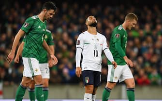 BELFAST, NORTHERN IRELAND - NOVEMBER 15: Lorenzo Insigne of Italy reacts during the 2022 FIFA World Cup Qualifier match between Northern Ireland and Italy at Windsor Park on November 15, 2021 in Belfast, Northern Ireland. (Photo by Claudio Villa/Getty Images)