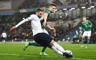 Antrim , United Kingdom - 15 November 2021; Domenico Berardi of Italy in action against Craig Cathcart of Northern Ireland during the FIFA World Cup 2022 Qualifier match between Northern Ireland and Italy at the National Football Stadium at Windsor Park in Belfast. (Photo By David Fitzgerald/Sportsfile via Getty Images)