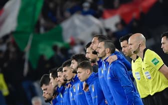 OLIMPICO STADIUM, ROME, ITALY - 2021/11/12: Italian players attend the national anthem during the Qatar 2022 qualifying football match between Italy and Switzerland. Italy and Switzerland drew 1-1. (Photo by Andrea Staccioli/Insidefoto/LightRocket via Getty Images)