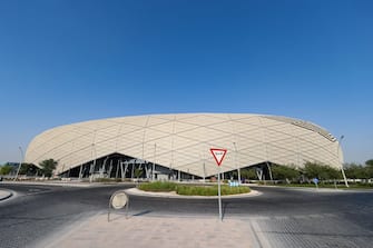 DOHA, QATAR - OCTOBER 07: An exterior general view of the Education City Stadium, a host venue for the Qatar 2022 FIFA World Cup. Education City Stadium has a design that draws on the rich history of Islamic architecture, blending it with striking modernity. The facade features triangles that form complex, diamond-esque geometrical patterns, appearing to change color with the sun's movement across the sky, on October 7, 2021 in Doha, Qatar. (Photo by Matthew Ashton - AMA/Getty Images)