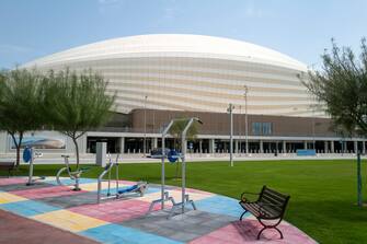 DOHA, QATAR - 05 OCTOBER : A general view of an outside gym at the Al Janoub Stadium, Al Wakrah, a host venue for the Qatar 2022 FIFA World Cup. It was designed by Iraqi-British architect Zaha Hadid together with the firm AECOM. The stadium features a curvilinear postmodernist and neo-futurist design. The appearance of the roof was inspired by the sails of traditional Dhow boats, used by pearl divers from the region, weaving through currents of the Persian Gulf on October 5, 2020 in Al Wakra, Doha, Qatar. (Photo by Matthew Ashton - AMA/Getty Images)