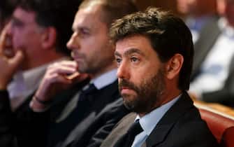 epa09144681 (FILE) - UEFA President Aleksander Ceferin (L) and Juventus Chairman Andrea Agnelli (R) attend the drawing ceremony of the UEFA Champions League 2018/19 Round of 16  matches at the UEFA headquarters in Nyon, Switzerland, 17 December 2018 (reissued 19 April 2021). In the early hours of 19 April 2021 twelve European soccer clubs, AC Milan, Arsenal FC, Atletico de Madrid, Chelsea FC, FC Barcelona, FC Internazionale Milano, Juventus FC, Liverpool FC, Manchester City, Manchester United, Real Madrid CF and Tottenham Hotspur have announced the creation of a Super League. Andrea Agnelli will be a vice-chairman of the league.  EPA/SALVATORE DI NOLFI *** Local Caption *** 54848469