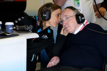 NORTHAMPTON, ENGLAND - JULY 12: Sir Frank Williams and Williams Deputy Team Principal Claire Williams talk in the Williams garage during practice for the F1 Grand Prix of Great Britain at Silverstone on July 12, 2019 in Northampton, England. (Photo by Charles Coates/Getty Images)