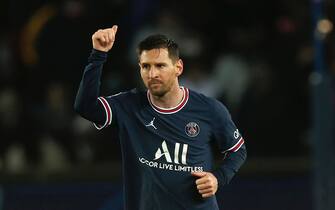 epa09627814 Paris Saint Germain's Lionel Messi reacts after scoring the 4-1 penalty goal during the UEFA Champions League group A soccer match between Paris Saint-Germain (PSG) and Club Brugge in Paris, France, 07 December 2021.  EPA/Ian Langsdon