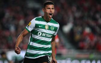 epa09619922 Sporting player Matheus Nunes celebrates after scoring a goal against Benfica during their Portuguese First League soccer match held at Luz Stadium, in Lisbon, Portugal, 03 December 2021.  EPA/RODRIGO ANTUNES