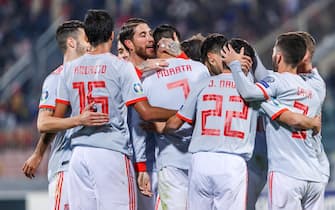 MOSTA, MALTA - MARCH 26: Alvaro Morata of Spain celebrates with team mates during the 2020 UEFA European Championships group F qualifying match between Malta and Spain at Ta'Qali National Stadium on March 26, 2019 in Mosta, Malta. (Photo by TF-Images/TF-Images via Getty Images)