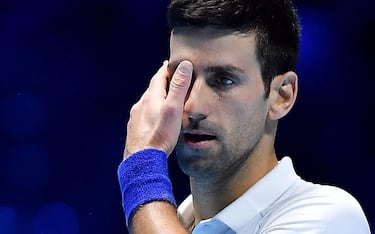 Novak Djokovic of Serbia reacts during the match against Alexander Zverev of Germany at the Nitto ATP Finals in Turin, Italy, 20 November 2021.ANSA/ALESSANDRO DI MARCO