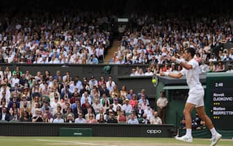 (210712) -- LONDON, July 12, 2021 (Xinhua) -- Novak Djokovic of Serbia hits a return during the men's final match between Novak Djokovic of Serbia and Matteo Berrettini of Italy at Wimbledon tennis Championship in London, Britain, on July 11, 2021. (Photo by Tim Ireland/Xinhua) - Tim Ireland -//CHINENOUVELLE_CHINE011556/2107120841/Credit:CHINE NOUVELLE/SIPA/2107120845